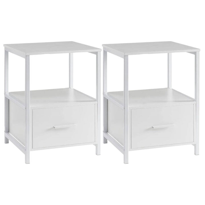 Set of 2 Contemporary Metal Wood End Tables with Drawer for Bedroom