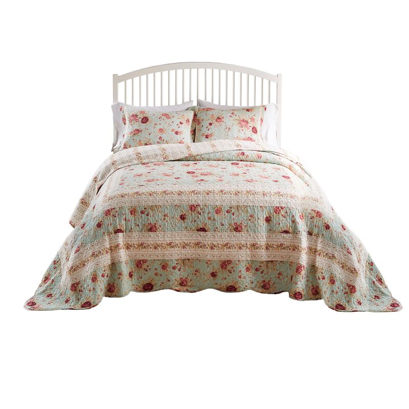 Rosle 3pc King Bedspread Set, 2 Shams, Reversible Rose Print, Blue Cotton - Benzara