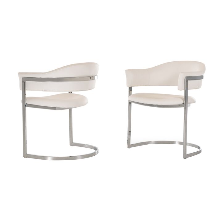 Ava Modern Dining Chair, Metal Cantilever Base, White Faux Leather, Chrome-Benzara