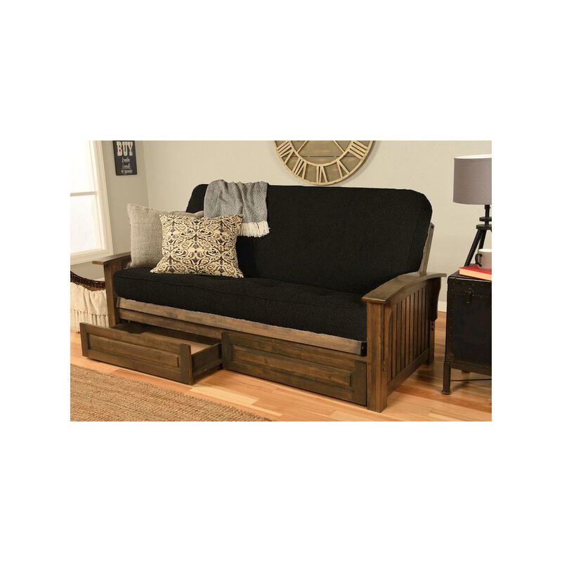 Washington Frame-Rustic Walnut Finish-Canton Black Mattress-Storage Drawers