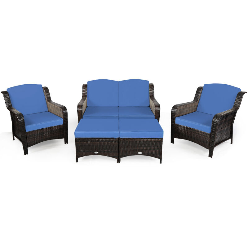 5-Piece Patio Rattan Sofa Set with Cushions and Ottoman, Comfortable Outdoor Seating