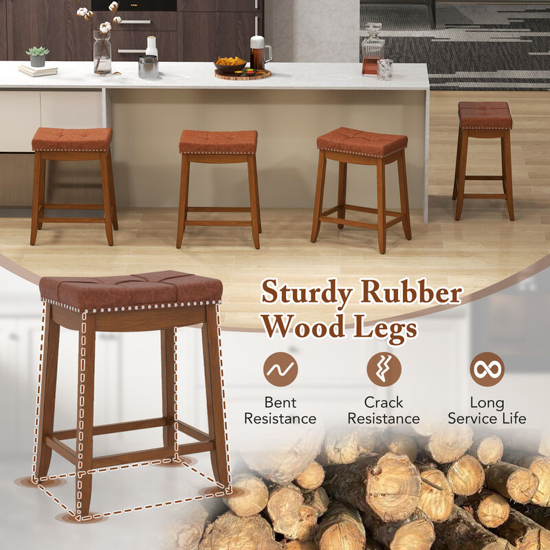 Set of 2 Upholstered PU Leather Bar Stools with Saddle Seat