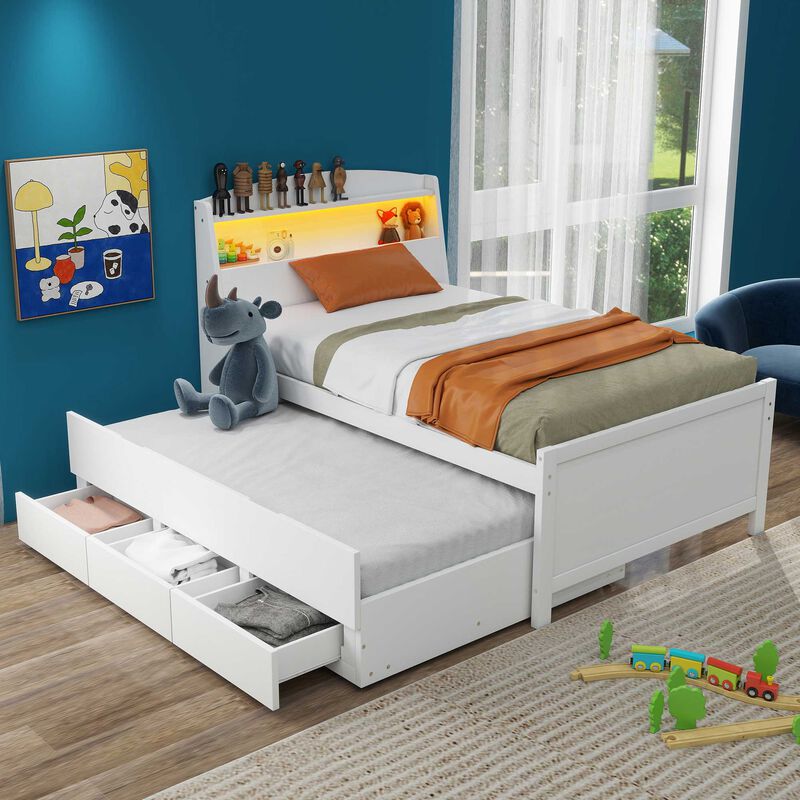 Merax White Platform Bed with LED Headboard, Trundle & Drawers image number 3