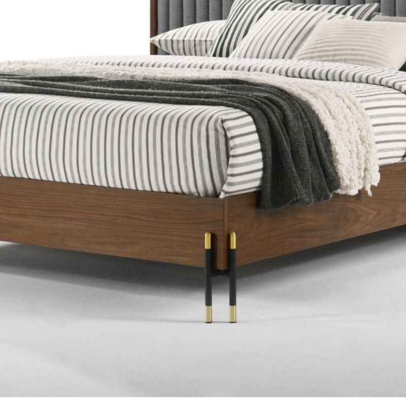 Noe Sia King Size Platform Bed, Channel Tufted Upholstery, Gray, Brown - Benzara