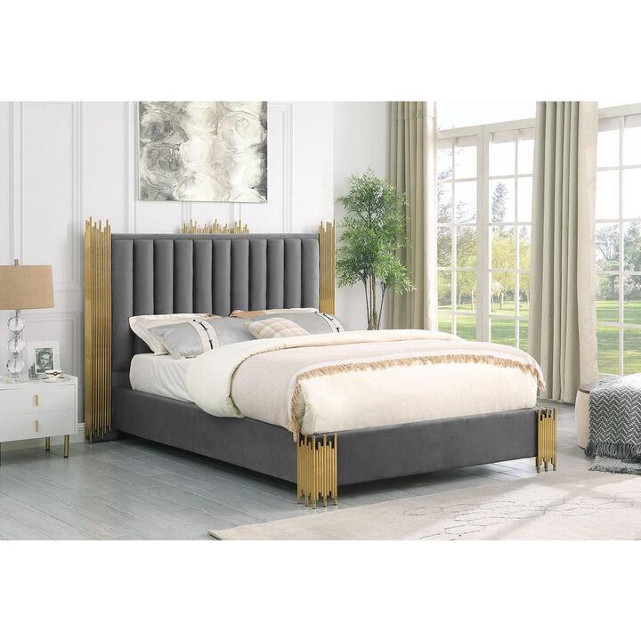 Best Quality Family Queen size Dark grey velvet bed with gold corners (Platform)
