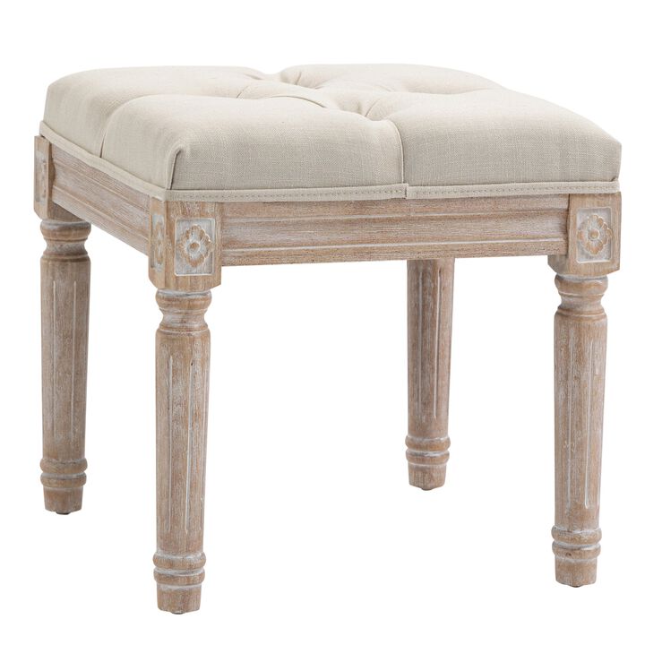 Beige Vintage Seat: 15.75" Tufted Ottoman with Rustic Wood Legs