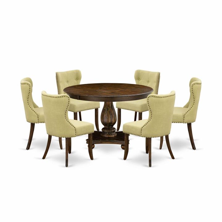 East West Furniture 7-Piece Pedestal Dinette Set - Round Dining Room Table and 6 Limelight Color Parson Wood Dining Chairs with Button Tufted Back - Distressed Jacobean Finish