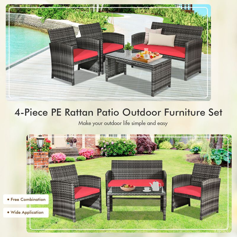 4 Pcs Patio Rattan Furniture Set Top Sofa With Glass Table