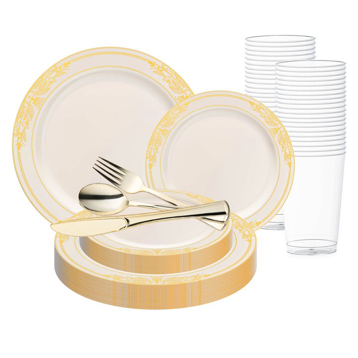 Ivory with Gold Harmony Rim Plastic Wedding Value Set (30 Sets)