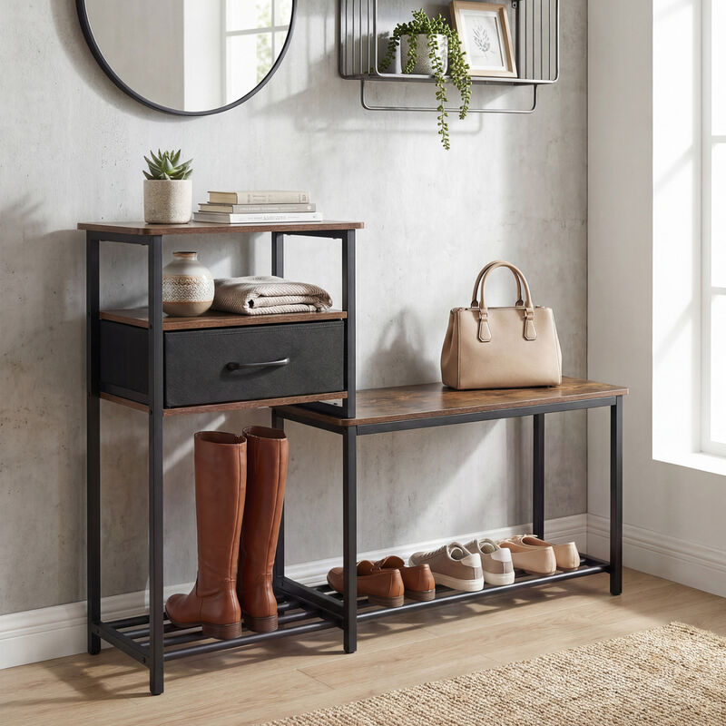 Modern Shoe Storage Rack Bench with Drawer and Metal Frame - Rustic Brown image number 5