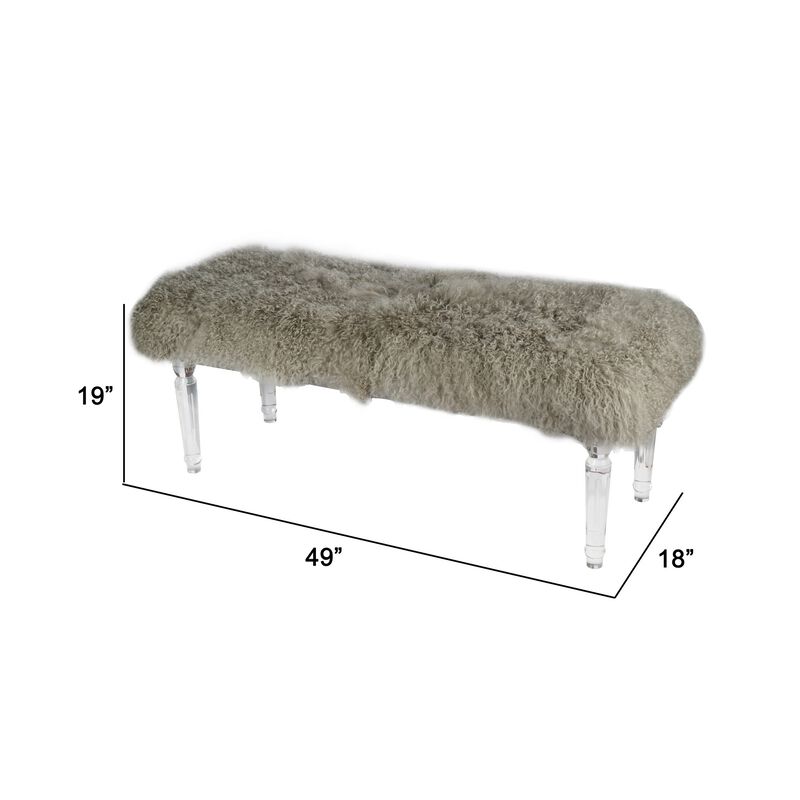 49 Inch Accent Bench, Faux Fur Seat, Clear Acrylic Legs, Smooth Rich Brown - Benzara
