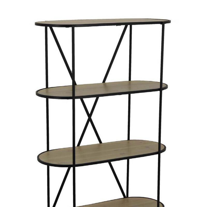 Kellie, Plant Display Stand, 4 Shelves, Black Metal Brown Wood 38 Inch - Benzara