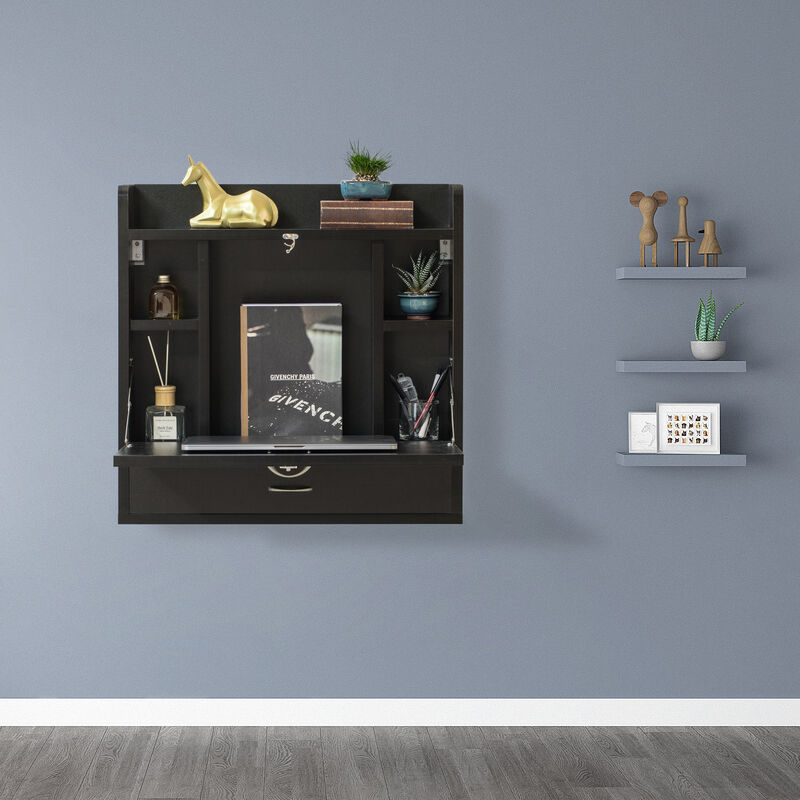Wall Mount Folding Laptop Writing Computer or Makeup Desk with Storage Shelves and Drawer, White