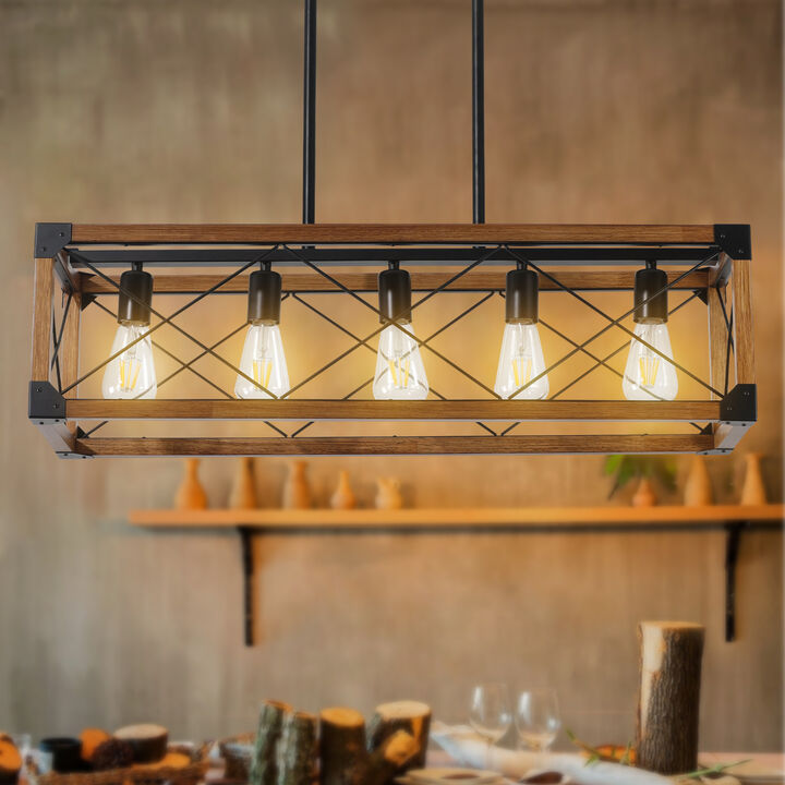 ELEMENT ACE Industrial Farmhouse 5-Light Rectangle Pendant Light Adjustable Hanging Height Chandelier for Dining Room Kitchen Island Cafe Living Room Entryway Bar Decor