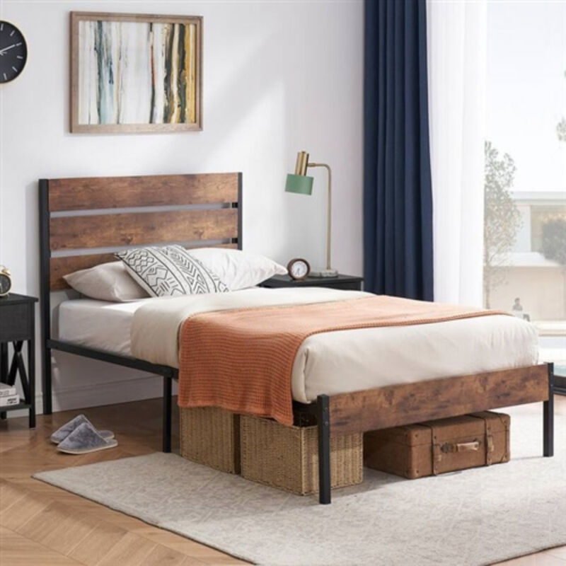 Industrial Metal Bed Frame with Slatted Wood Headboard and Footboard