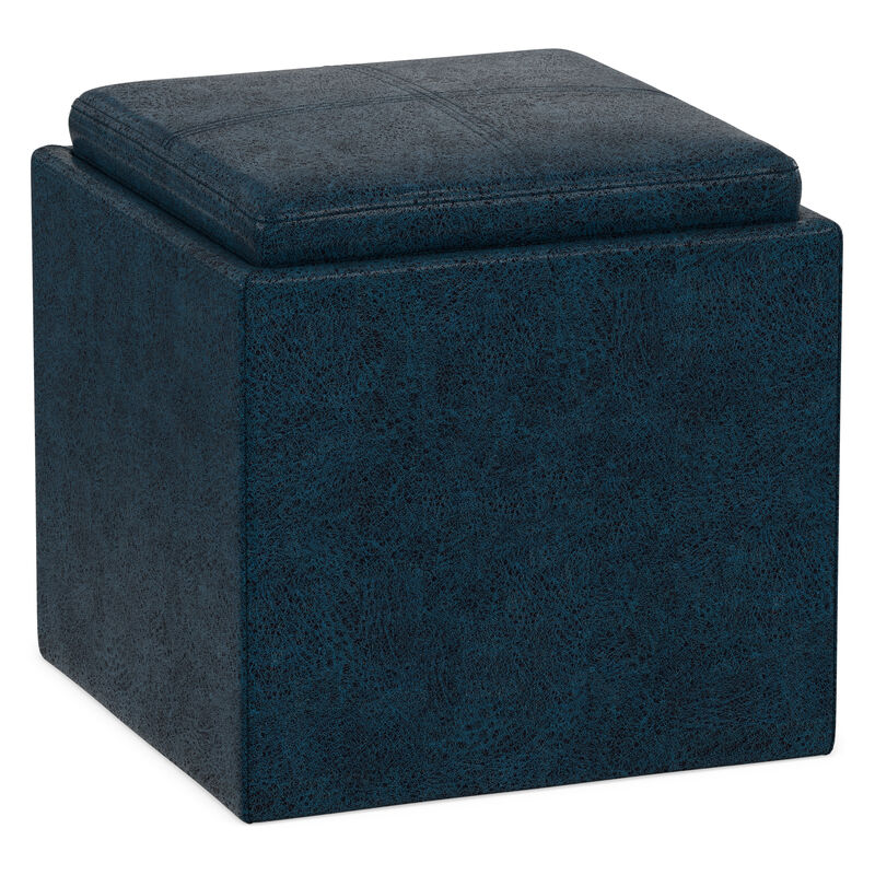 Rockwood 17 inch Wide Contemporary Square Cube Storage Ottoman with Tray in Distressed Dark Blue Vegan Faux Leather, Assembled image number 0