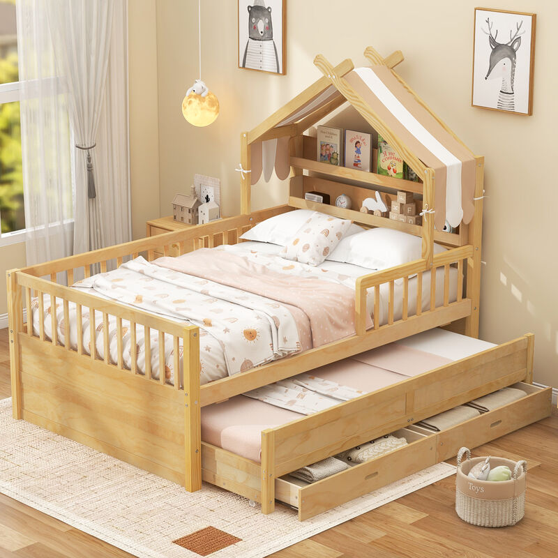 Merax House-Style Bed with Trundle, Bookshelf & Storage Drawers Kids Bed image number 1