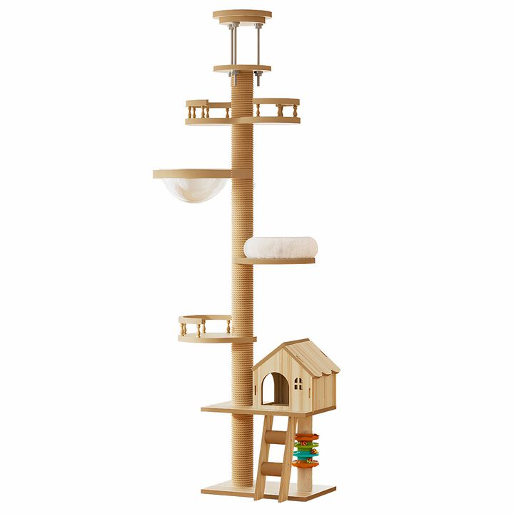 Floor to Ceiling Cat Tree with Adjustable Height Wood Condo Hammock and Scratching Post for Indoor Cats 98 to 110 Inch