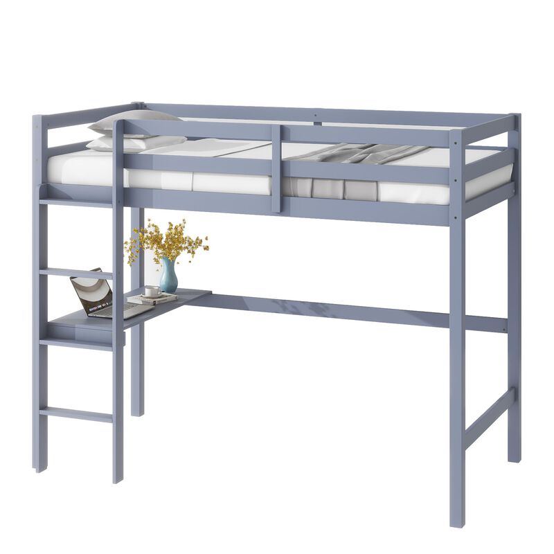 Whisen Twin High Loft Bed, Rubber Wood Loft Bed with Ladder, Safety Guardrail and built-in desk - Gray