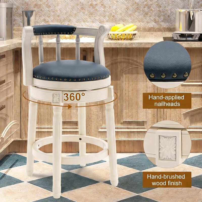 Clihome Solid Wood 360 Degree Swivel Bar Stools Seat Height 29.5" Leather Wooden Bar Stools image number 1