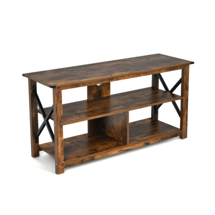 3 Tier Wood TV Stand for 55-Inch with Open Shelves and X-Shaped Frame-Brown
