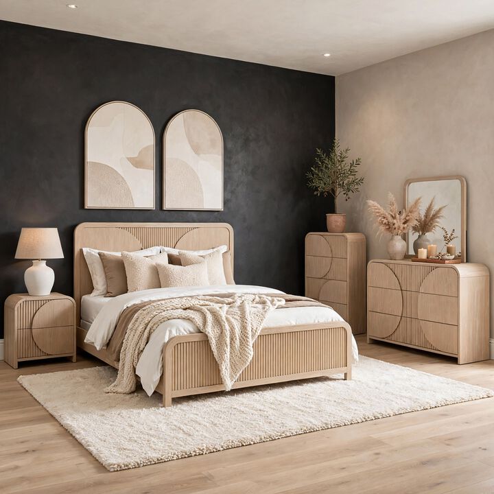 Tanya 5pc Queen Bedroom Set w Tall Chest, Reeded Natural Brown