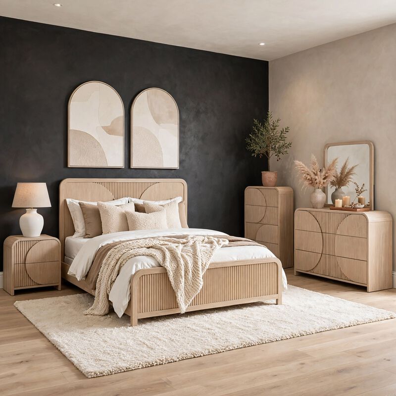 Tanya 5pc Queen Bedroom Set w Tall Chest, Reeded Natural Brown image number 1