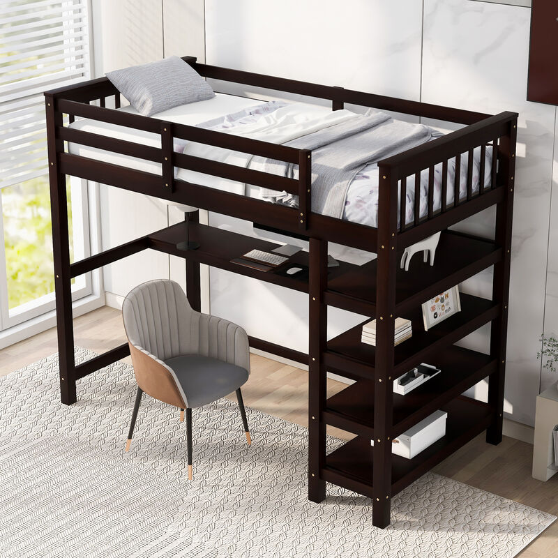 Merax Twin Size Loft Bed with Storage Shelves and Under-bed Desk