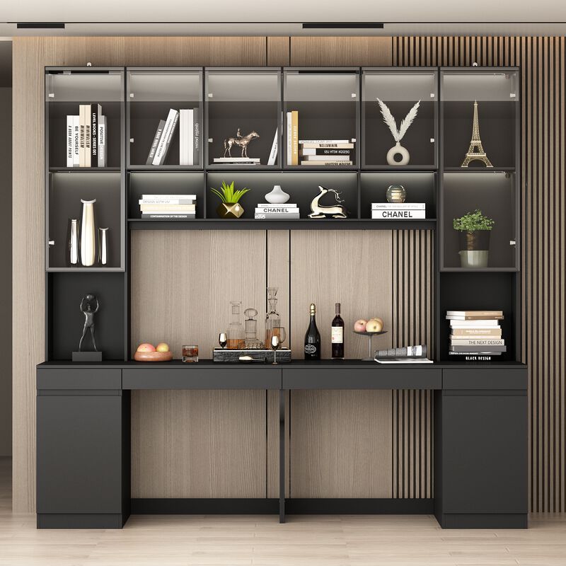 90.6 in. W Black Wood Computer Gaming Desk Home Office Desk, with 82.7 in. H Bookshelf, LED Lights, Drawers, Cabinets