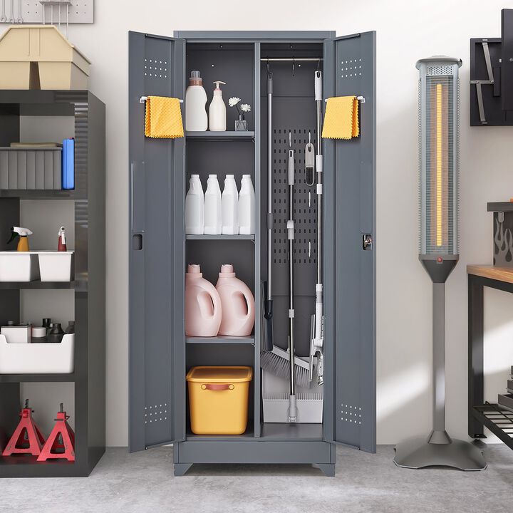 Broom Storage Cleaning Tool Cabinet With Locking Doors and Shelves