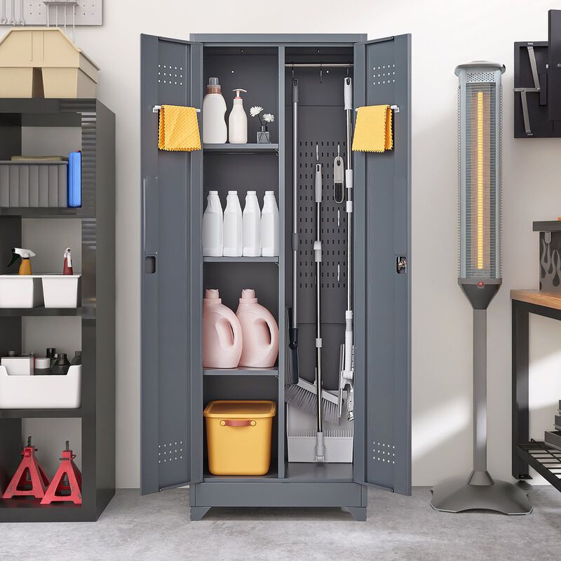 Broom Storage Cleaning Tool Cabinet With Locking Doors and Shelves image number 1
