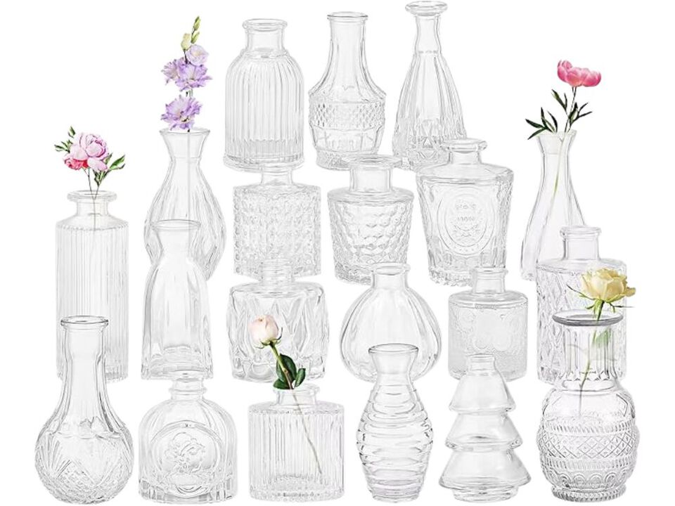 Set of 20 Clear Glass Bud Vases &ndash; Vintage Embossed Mini Centerpieces for Weddings & Home
