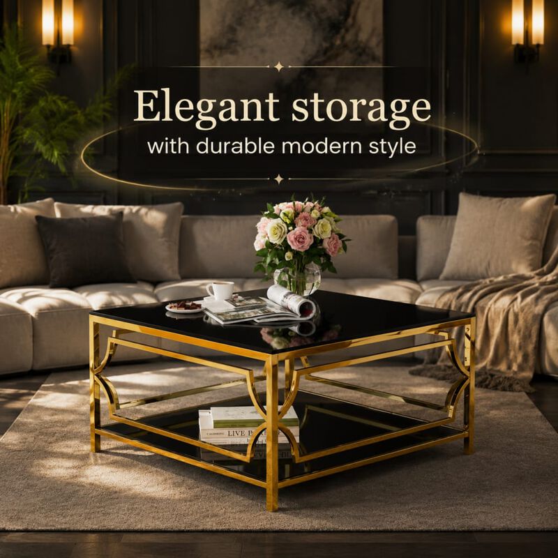 GOODSILO 33.5 Inch Square Tempered Glass Coffee Table with Geometric Metal Frame, Lower Storage Shelf for Modern Living Space Use image number 4