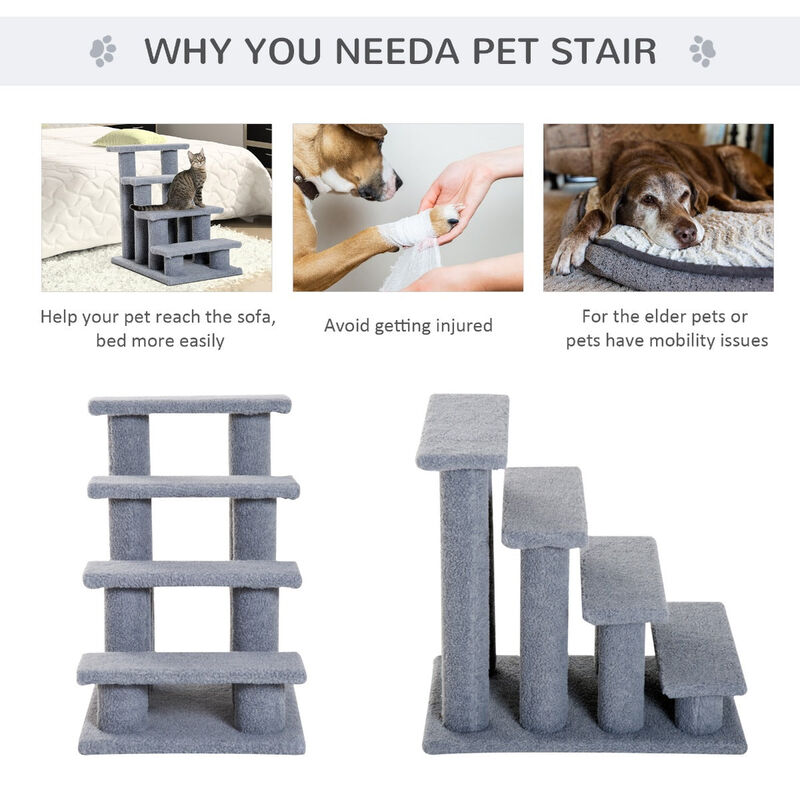 Gray Feline Climber: 25" 4-Step Carpeted Cat Stairs with Toy image number 5