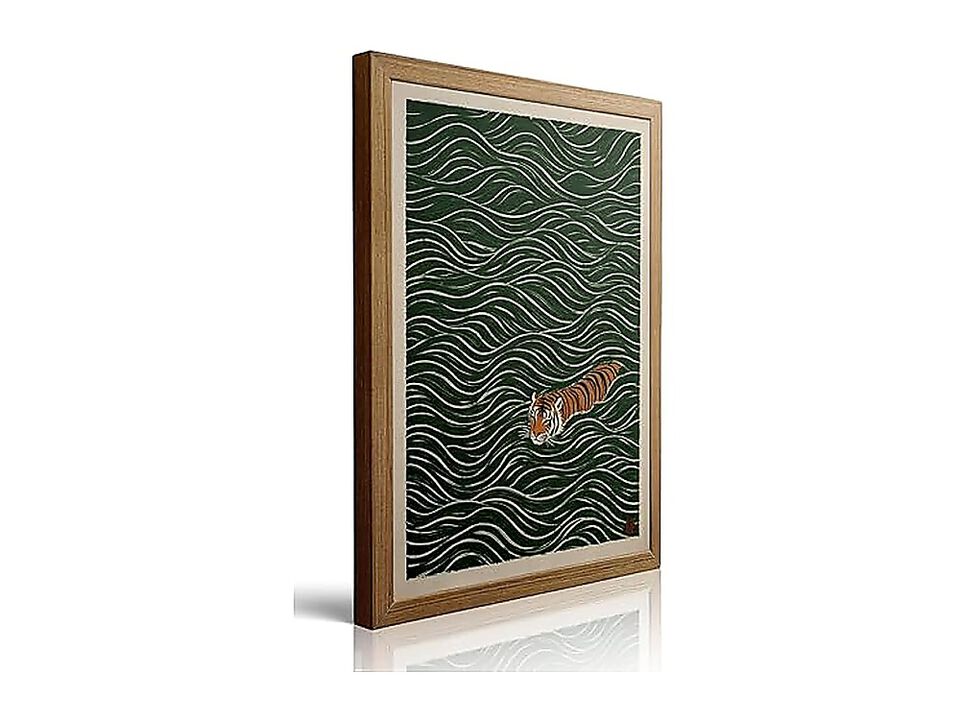 Framed Japanese Tiger Wall Art Vintage Swimming Decor Funny Wild Animal Canvas