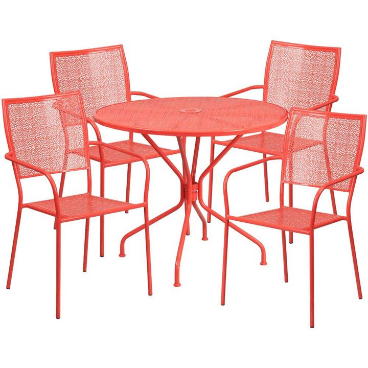 Flash Furniture Oia Commercial Grade 35.25" Round Coral Indoor-Outdoor Steel Patio Table Set with 4 Square Back Chairs