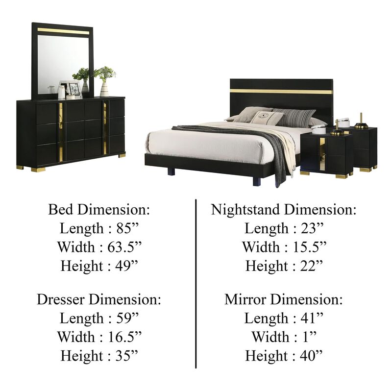 Yoki 5pc Queen Bedroom Set w Underbed LED, Black and Gold, 2 Nightstands image number 4