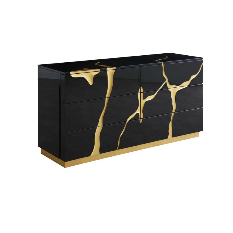 Cid Exie Dresser, Modern Glossy Black with Gold Inlaid Accents, 66 Inch - Benzara image number 0