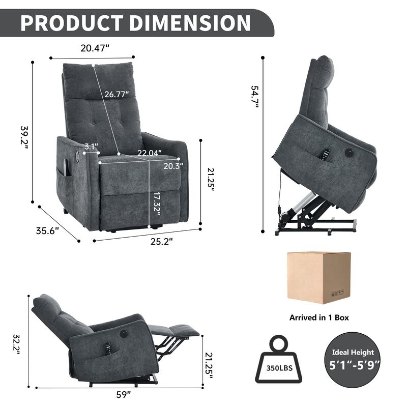 Chenille Power Lift Recliner Chair 155&deg; Recliner with Massage Heat & USB image number 2