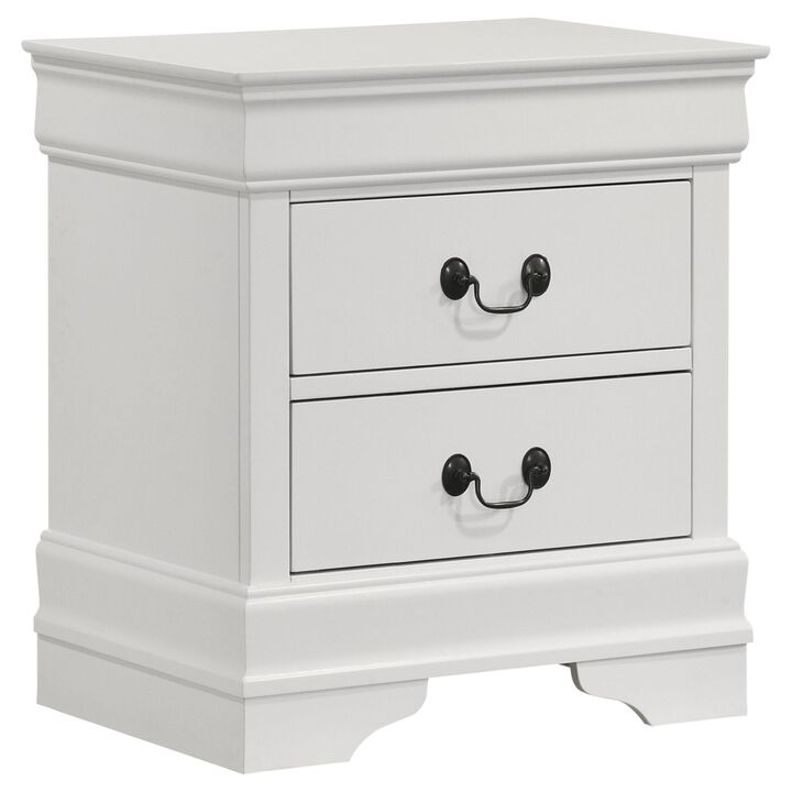 Nim Nightstand, 2 Storage Drawers, 24 Inch, Classic White Molded Trim - Benzara