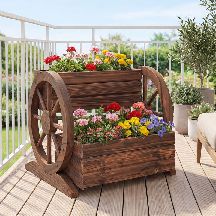 Rustic Wagon-Shaped 2-Tier Raised Garden Planter with Drainage and Wheels &ndash; Coffee