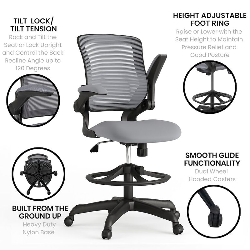 Flash Furniture Mid-Back Dark Gray Mesh Drafting Chair with Adjustable Foot Ring image number 2