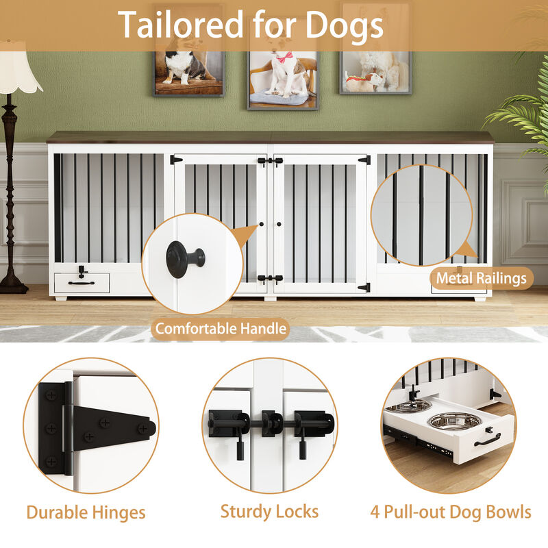 Upgrade Large Dog Crate with Dog Feeding Area, Large Furniture Style Dog Crate with Removable Irons for 2 Medium Dogs