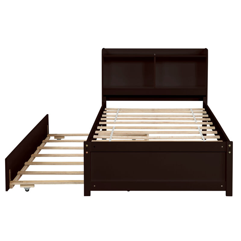Whisen Twin Storage Bed with Pull-Out Trundle and Integrated Bookcase Headboard image number 4