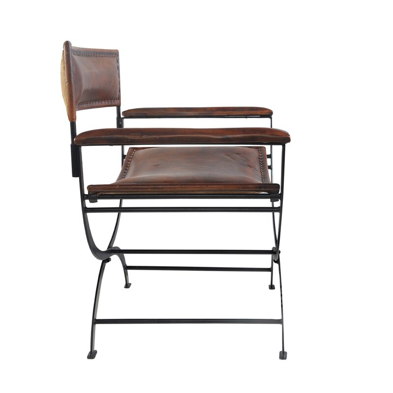 HomeRoots 29" Brown and Black Metal And Genuine Leather Director's Chair image number 4
