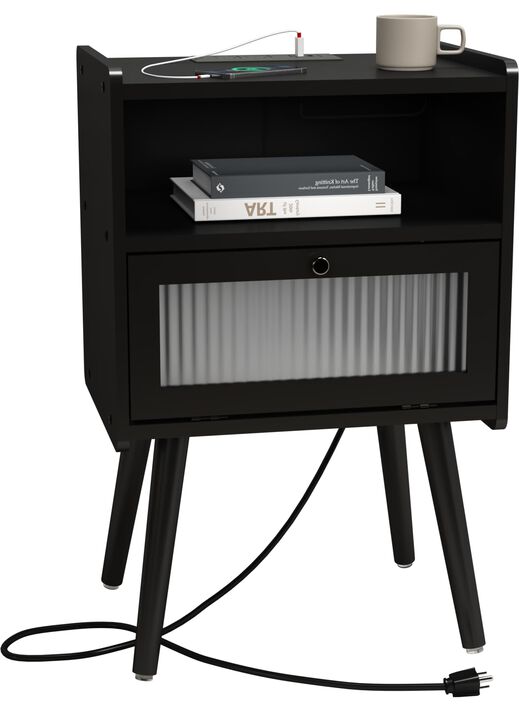 Mid Century Modern Nightstand with Charging Station, Bedside Tables with Glass Decorative Door, End Table Side Table with 2 Tier