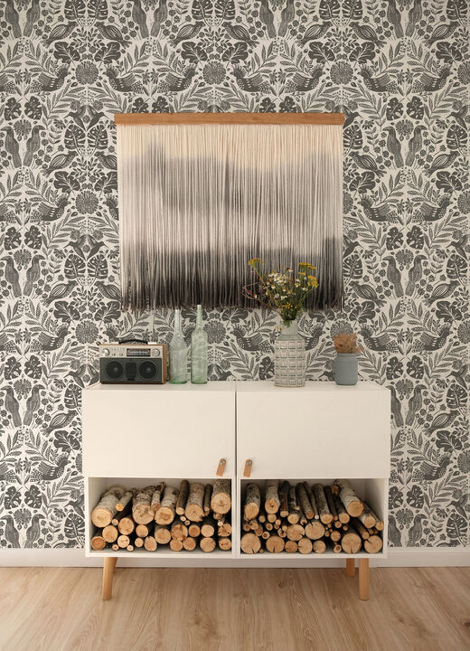 Nestle Charcoal Bird Block Print Wallpaper