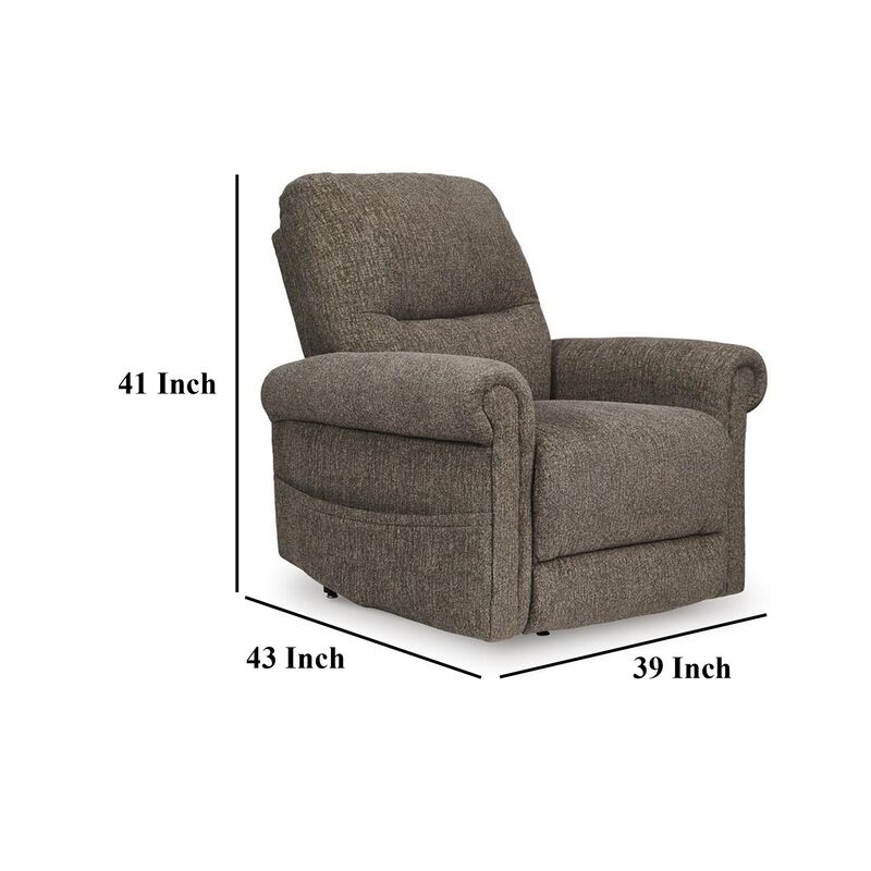 Auro Power Lift Recliner Chair, Heat Massage, Taupe Brown Polyester - Benzara