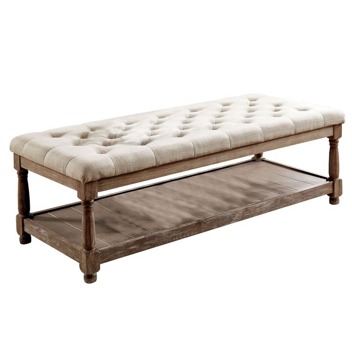 Button Tufted Fabric Upholstered Bench with Bottom Shelf, Beige and Brown-Benzara