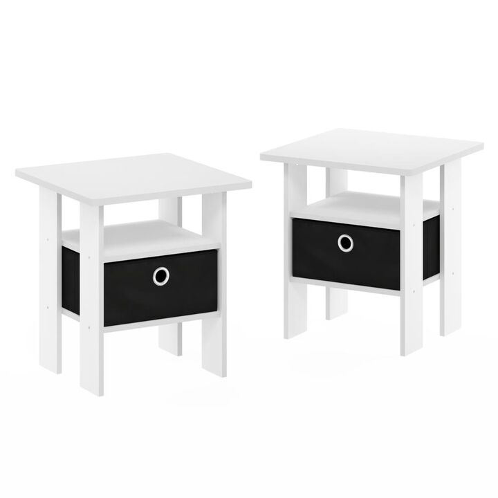 Furinno Andrey Set of 2 End Side Night Stand/Bedside Table with Bin Drawer, 2-Pack, White/Black